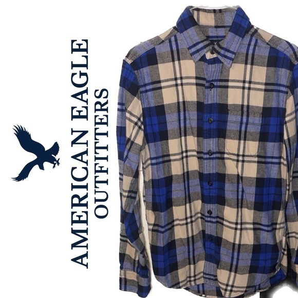 American Eagle Plaid Flannel classic Fit Long Sleeve Button Down Shirt Blue XS - Picture 1 of 10